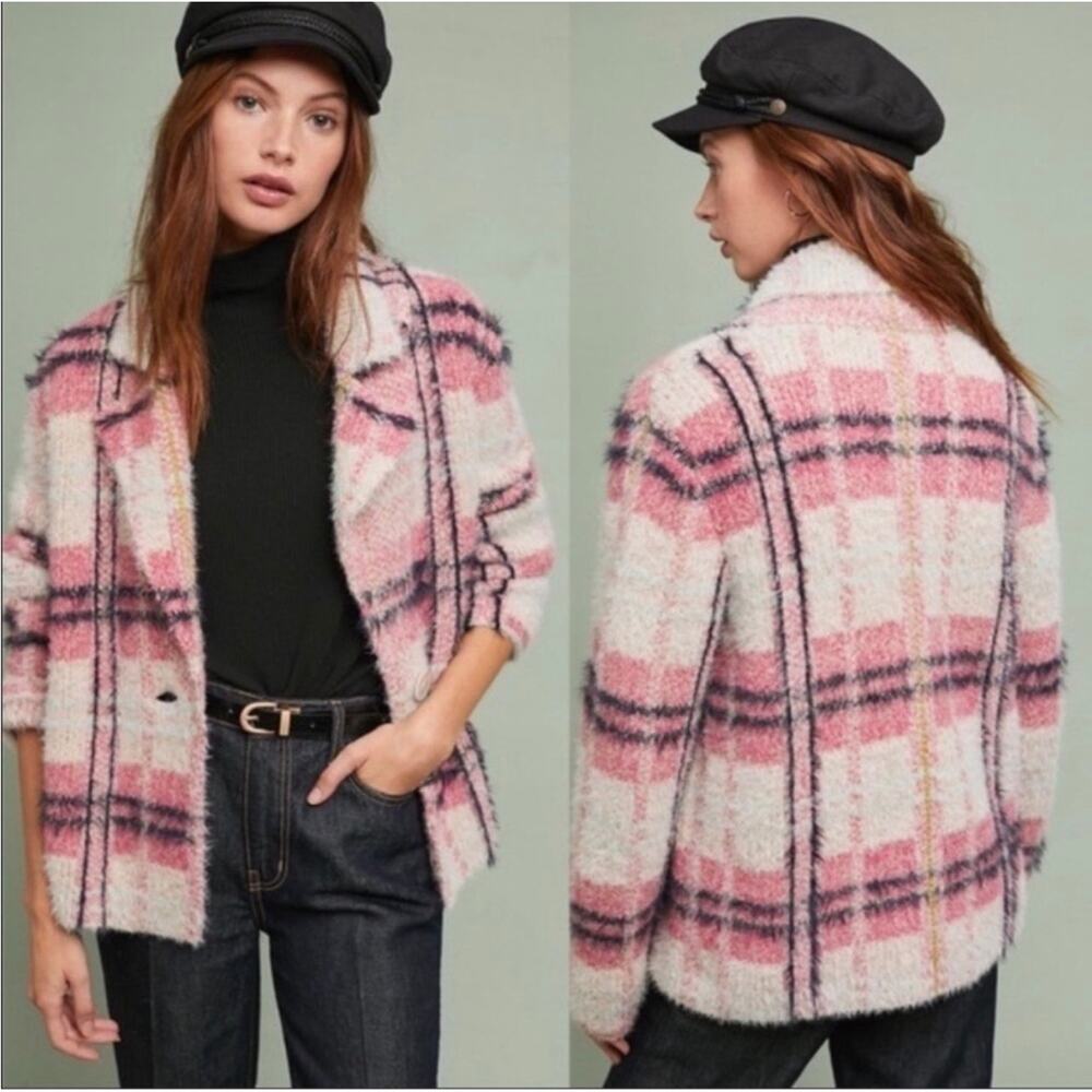 Anthropologie Maeve Aurelia Plaid Sweater Jacket Alpaca Wool‎ Blend Pink XS